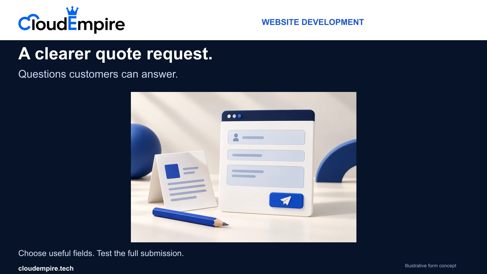 CloudEmpire quote request form illustration with clear input rows, a project brief and a blue pencil, representing an enquiry prepared for review.
