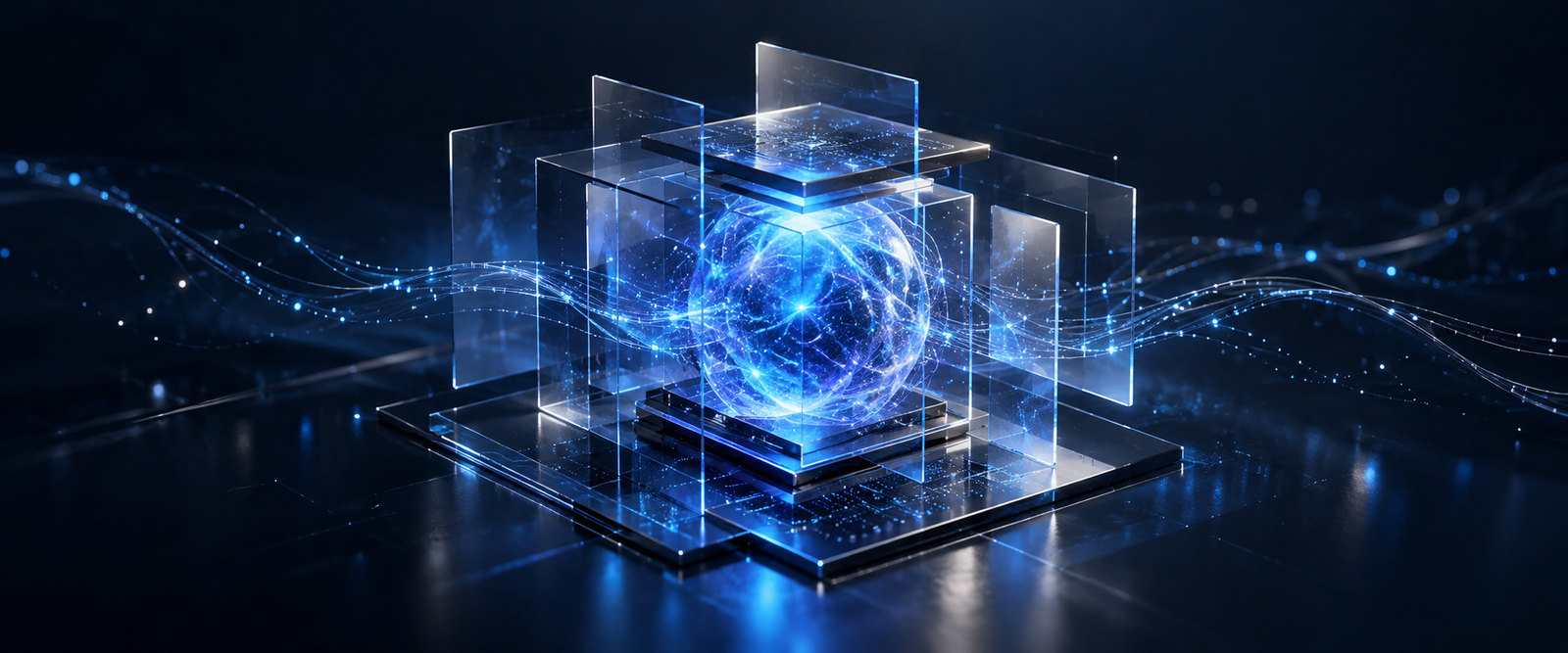 Glowing blue AI core surrounded by glass panels and flowing data
